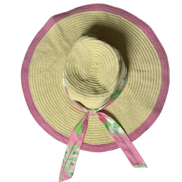 Lilly Pulitzer Straw Sun Hat Wide Brim‎ Pink Trim Floppy Beach Scarf Band #33499 - Picture 2 of 12
